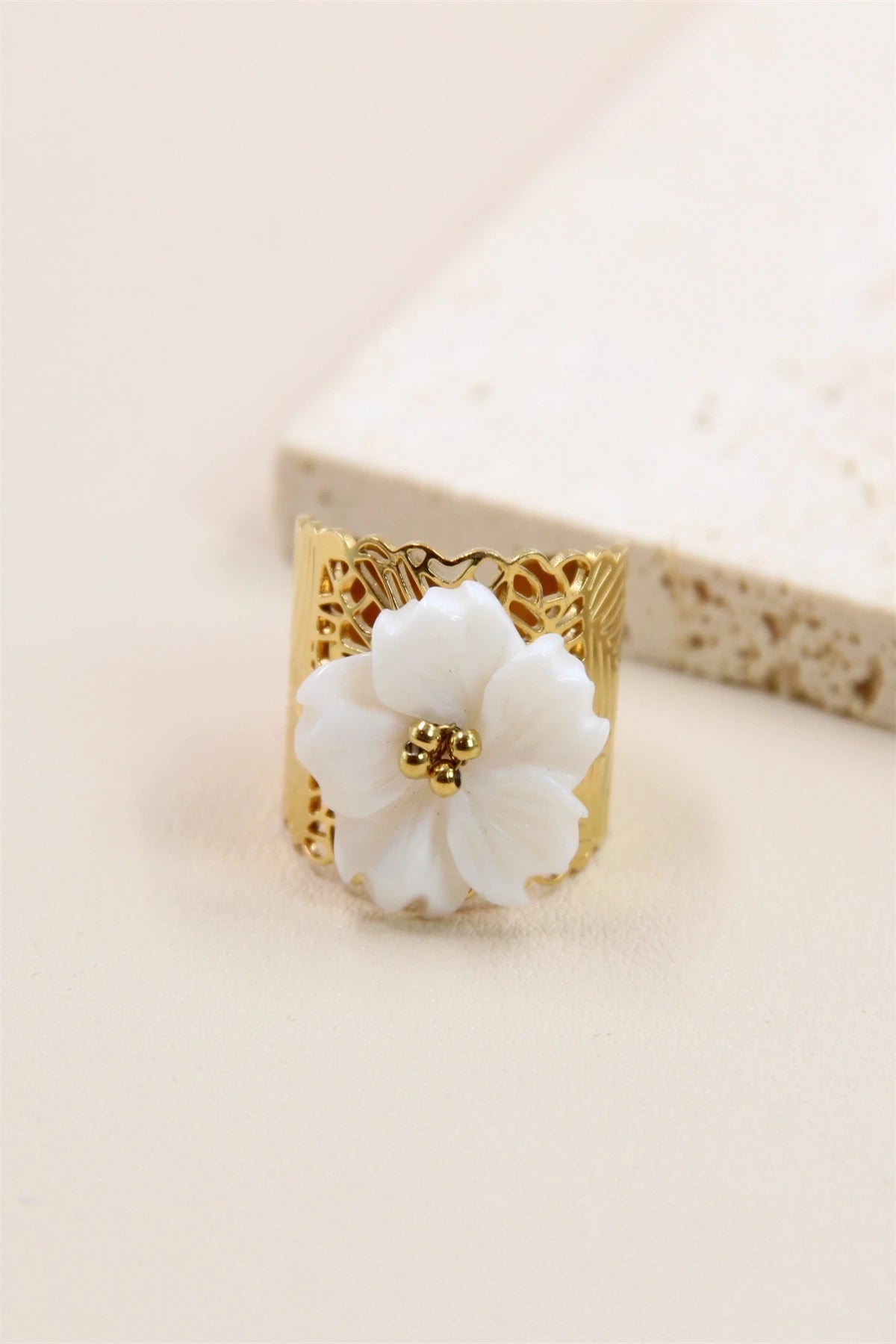 Adjustable Stainless Steel Pearl Flower Ring: Charm and Flexibility