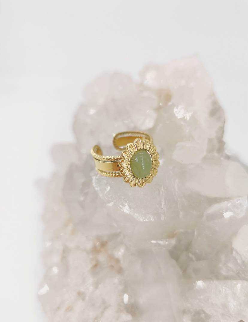 Bague Réglable avec Motif Fleur et Pierre Naturelle au Centre