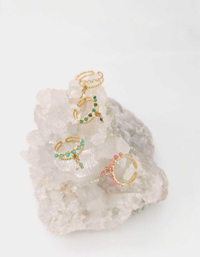 Bague Réglable avec Pierre Naturelle, Breloque et Effet Double Rang