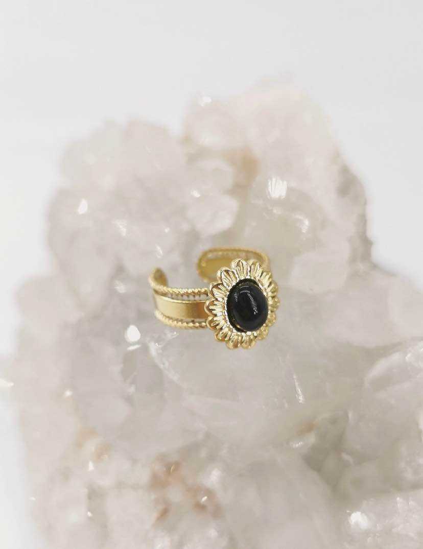 Bague Réglable avec Motif Fleur et Pierre Naturelle au Centre