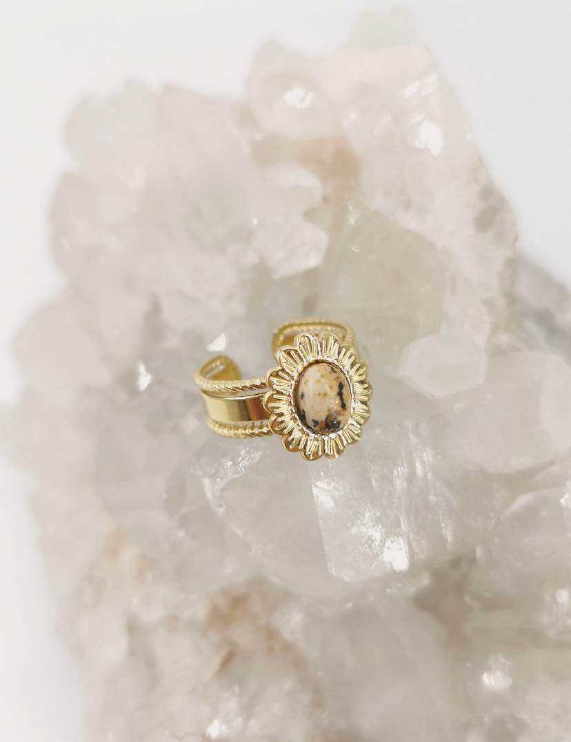Bague Réglable avec Motif Fleur et Pierre Naturelle au Centre