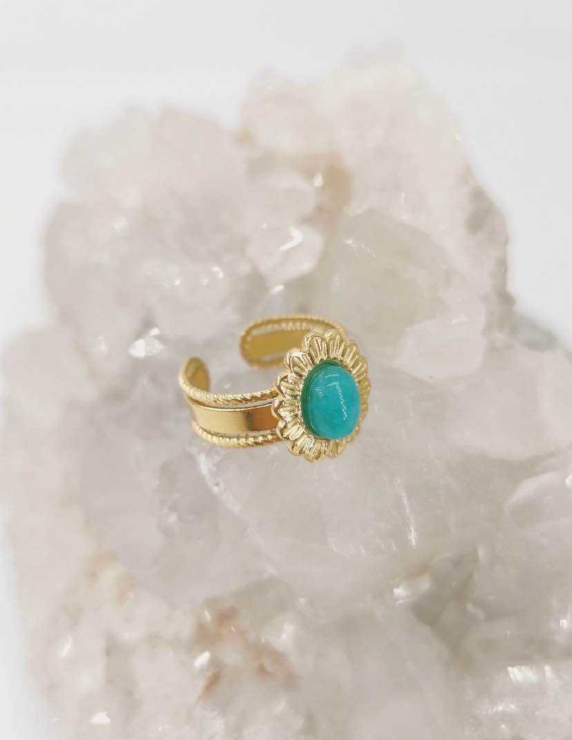 Bague Réglable avec Motif Fleur et Pierre Naturelle au Centre