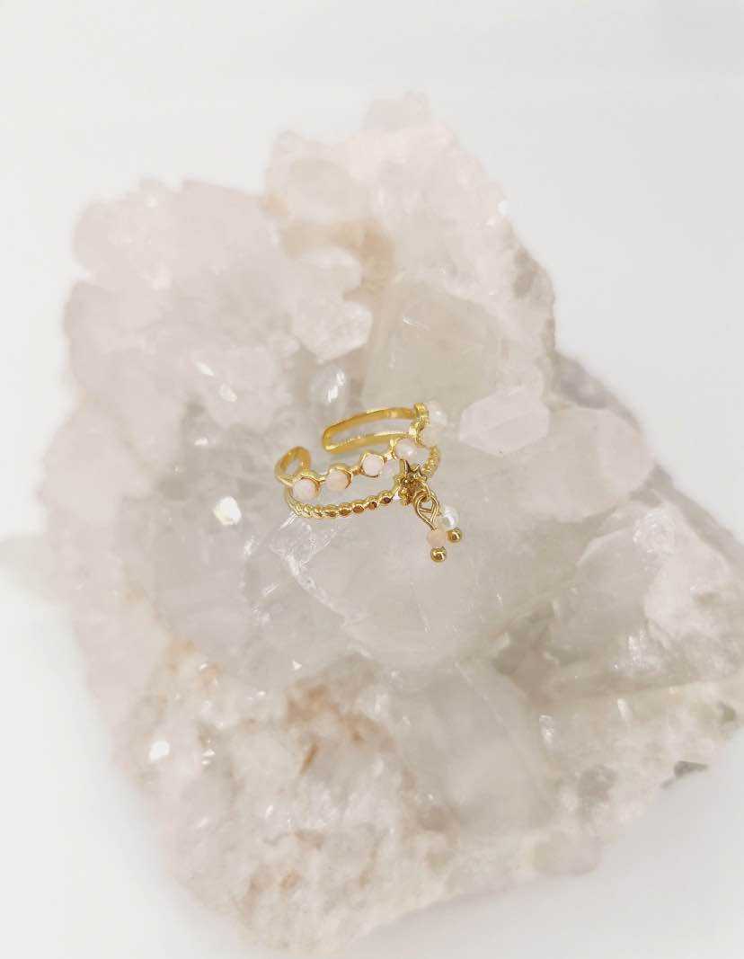 Bague Réglable avec Pierre Naturelle, Breloque et Effet Double Rang