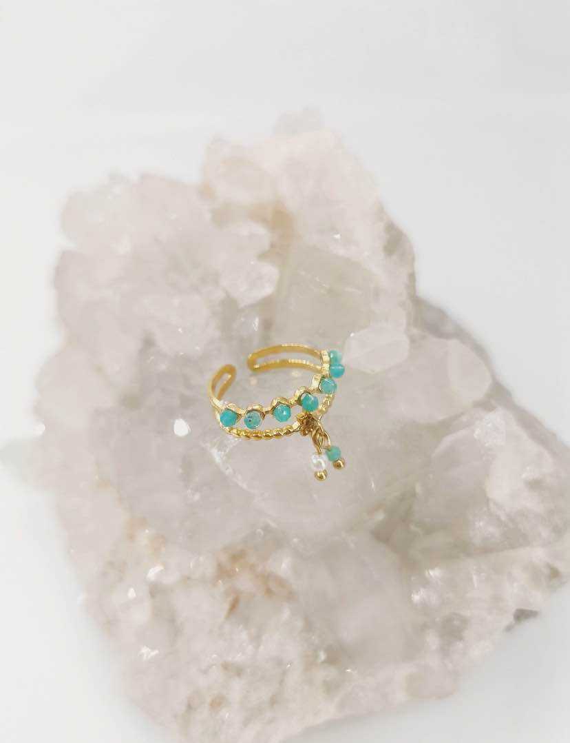 Bague Réglable avec Pierre Naturelle, Breloque et Effet Double Rang