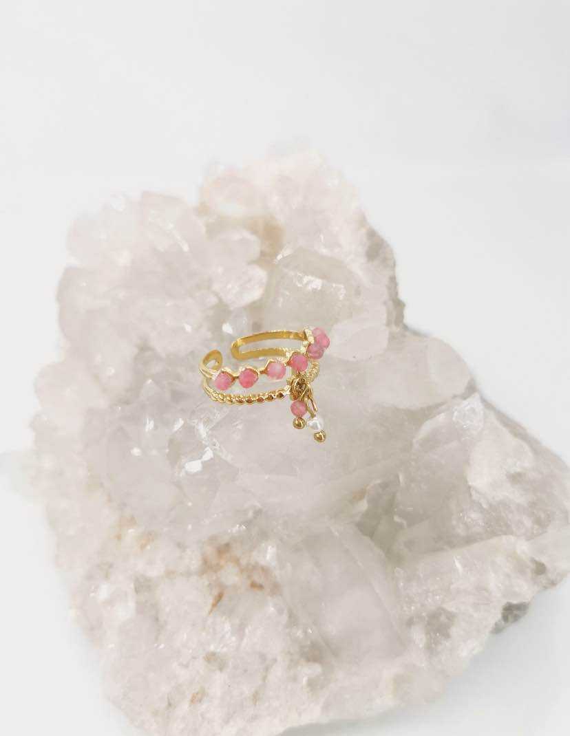Bague Réglable avec Pierre Naturelle, Breloque et Effet Double Rang