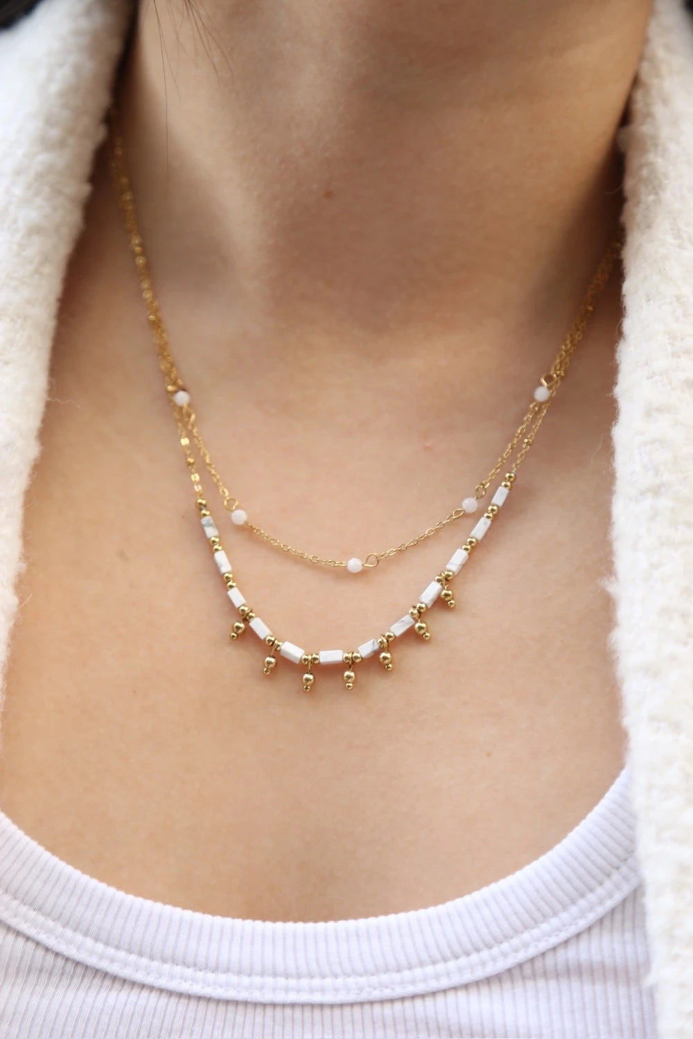 Double row necklace with natural stone beads and minimalist pendant