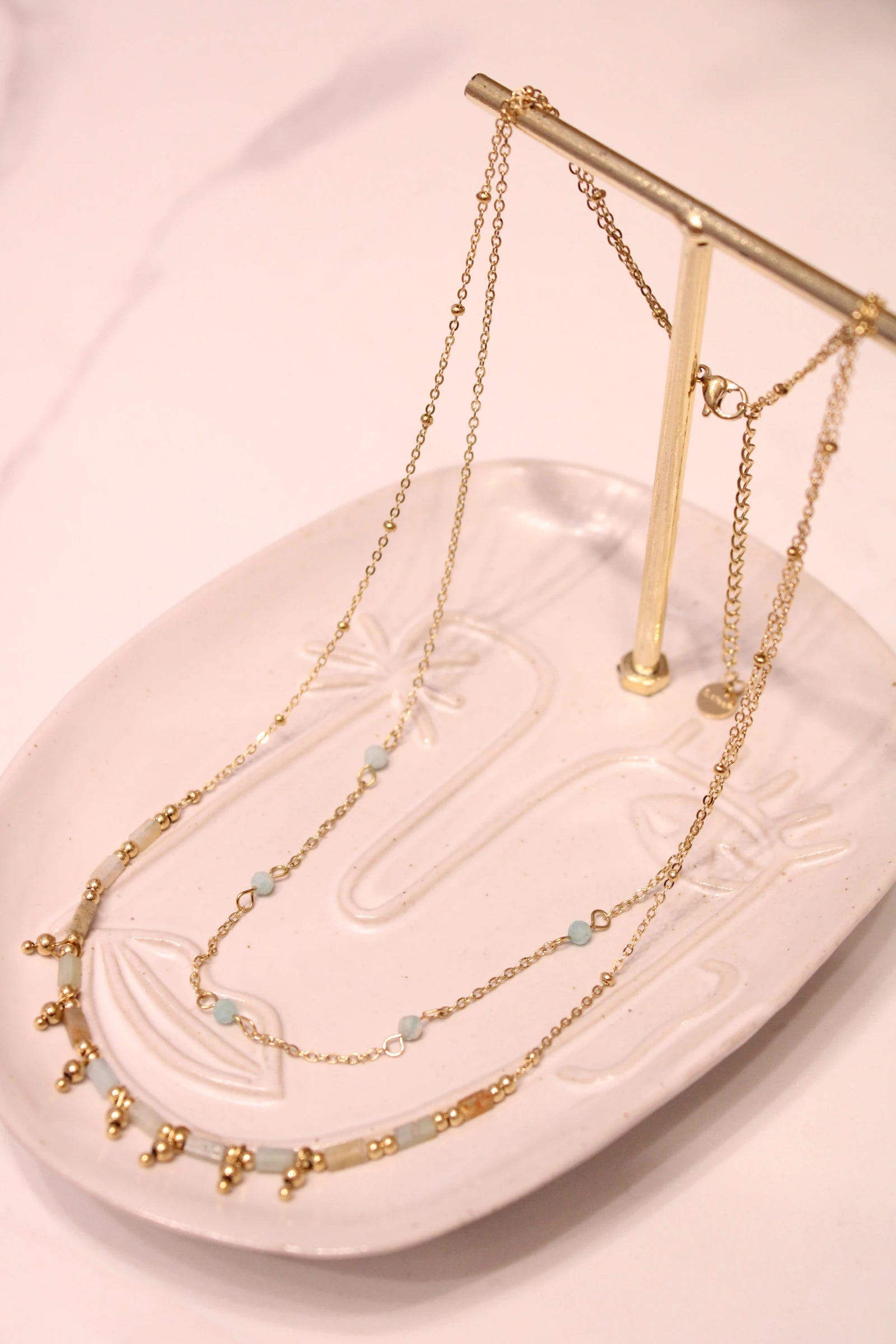 Double row necklace with natural stone beads and minimalist pendant
