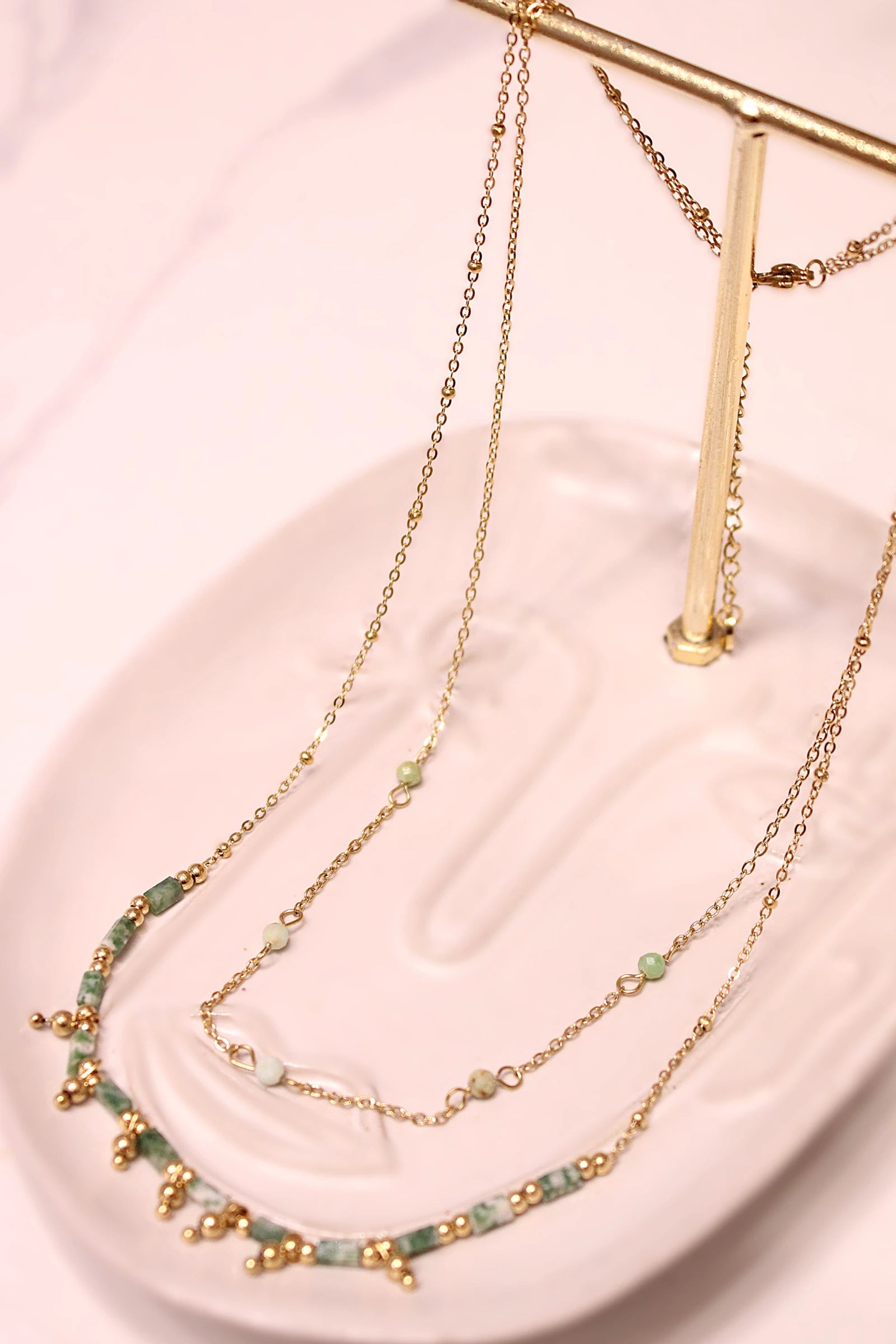 Double row necklace with natural stone beads and minimalist pendant